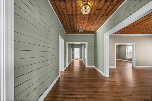 hall with wood walls, dark hardwood / wood-style flooring, and wooden ceiling