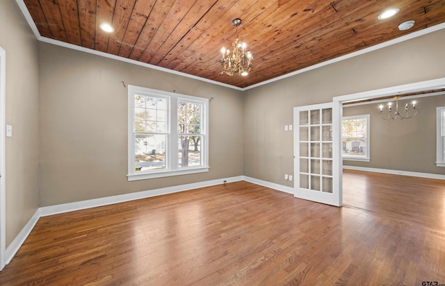 unfurnished room with plenty of natural light, wood-type flooring, wood ceiling, and an inviting chandelier