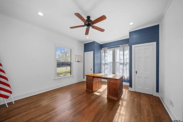 office area featuring dark hardwood / wood-style floors, ceiling fan, and ornamental molding