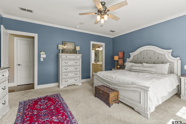 bedroom featuring light colored carpet, ceiling fan, ornamental molding, and ensuite bathroom