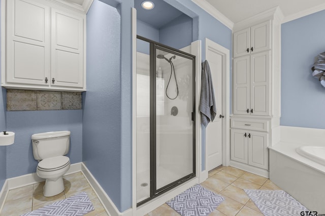 bathroom with tile patterned flooring, ornamental molding, toilet, and independent shower and bath