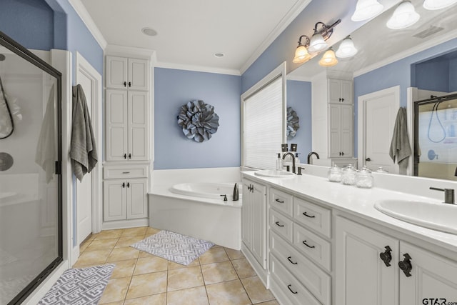 bathroom with tile patterned flooring, vanity, ornamental molding, and plus walk in shower