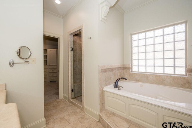 bathroom with crown molding and plus walk in shower