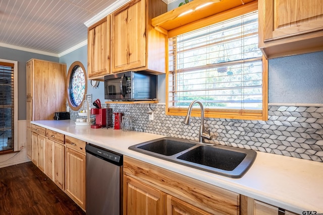 kitchen with backsplash, dark wood-type flooring, crown molding, sink, and stainless steel dishwasher