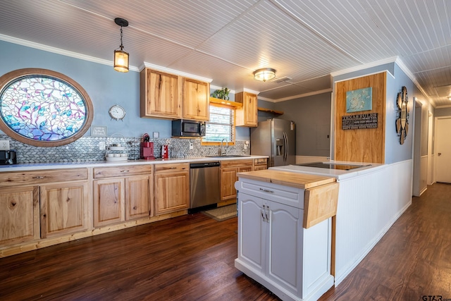 kitchen featuring decorative backsplash, appliances with stainless steel finishes, dark wood-type flooring, decorative light fixtures, and butcher block counters