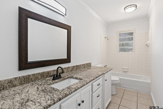 full bathroom featuring crown molding, tub / shower combination, vanity, toilet, and tile patterned floors