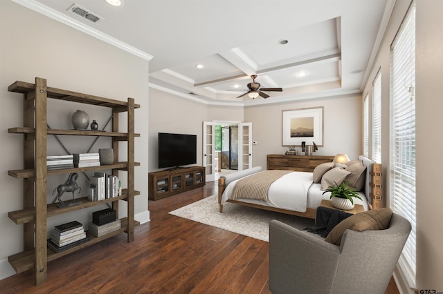 bedroom with coffered ceiling, dark wood-style flooring, ornamental molding, beamed ceiling, and baseboards