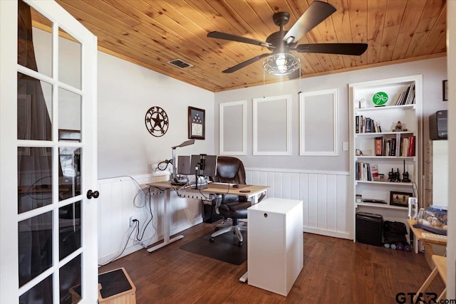 office space featuring wood ceiling, ceiling fan, dark wood-type flooring, and built in shelves