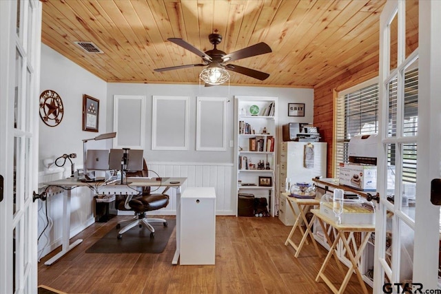 office area with french doors, light hardwood / wood-style flooring, and wooden ceiling