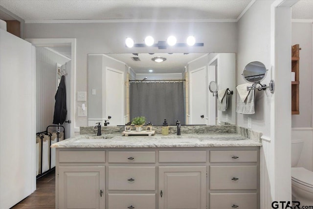 bathroom featuring ornamental molding, vanity, toilet, and a textured ceiling