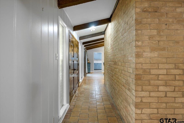 800 Neches Dr, Tyler, TX 75702 - corridor with beamed ceiling and brick wall