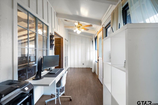 800 Neches Dr, Tyler, TX 75702 - office area featuring a ceiling fan, dark wood-style floors, and beamed ceiling