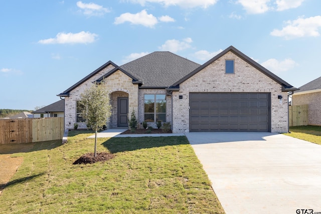 view of front of house featuring a garage and a front lawn