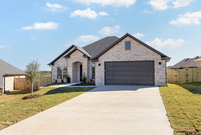 view of front of home with a garage and a front lawn