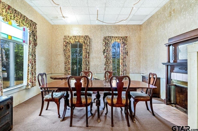 dining room featuring a drop ceiling and light carpet