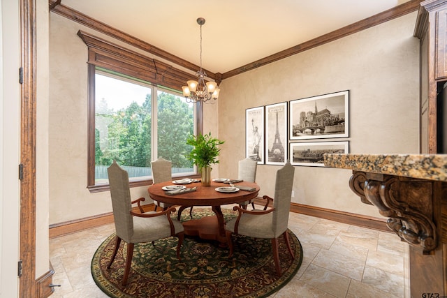 dining space featuring an inviting chandelier and crown molding