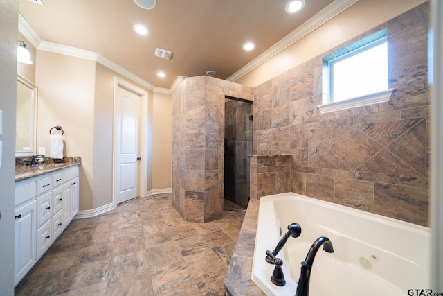 bathroom featuring vanity, separate shower and tub, and crown molding