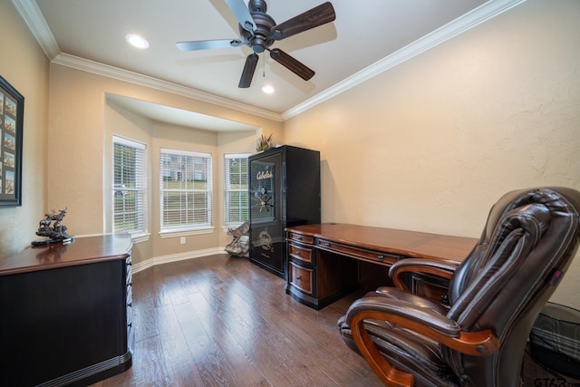 home office with ceiling fan, dark hardwood / wood-style floors, and ornamental molding