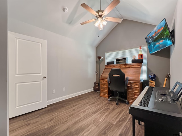 office space featuring ceiling fan, high vaulted ceiling, wood finished floors, and baseboards