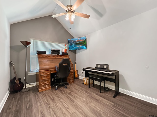 office space featuring wood finished floors, beam ceiling, and baseboards