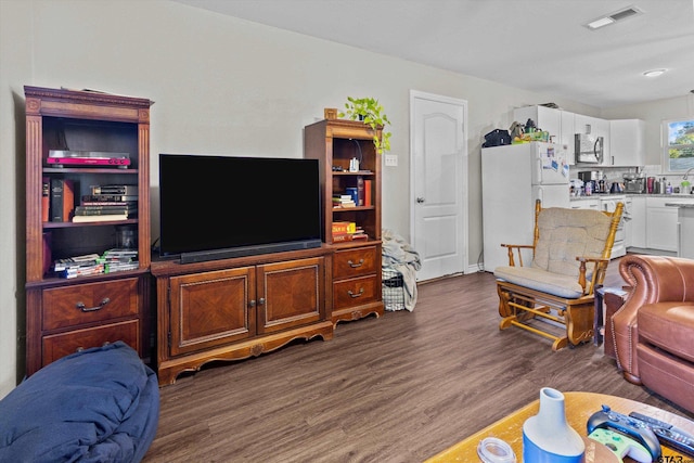 living room featuring dark wood-type flooring