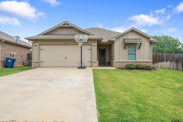 109 Summit Cv, Jacksonville, TX 75766 - view of front facade featuring board and batten siding, an attached garage, brick siding, concrete driveway, and central AC unit