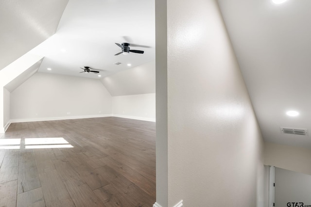 bonus room featuring lofted ceiling, ceiling fan, and wood-type flooring