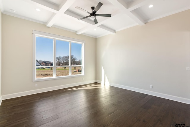 unfurnished room with coffered ceiling, dark wood-type flooring, beamed ceiling, and ceiling fan