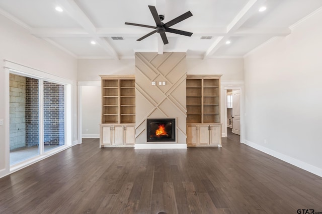 unfurnished living room featuring coffered ceiling, beamed ceiling, dark hardwood / wood-style floors, and ceiling fan