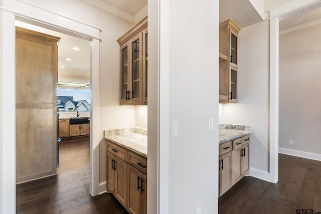 bar featuring dark wood-type flooring, light stone counters, ornamental molding, and sink