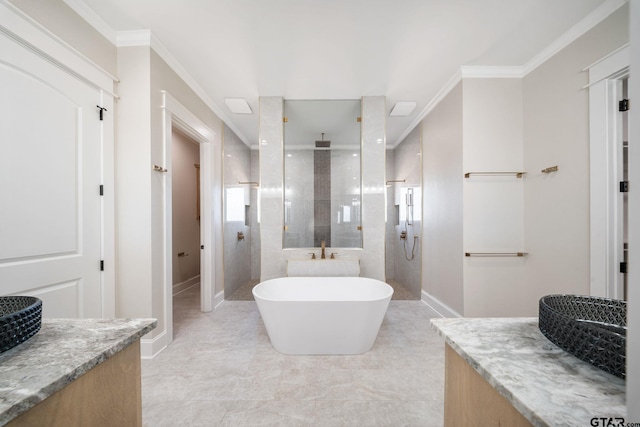 bathroom featuring independent shower and bath and ornamental molding