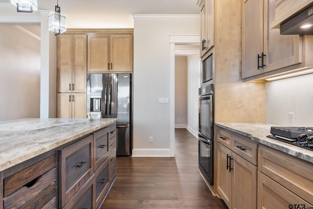 kitchen with refrigerator with ice dispenser, range hood, light stone countertops, and decorative light fixtures