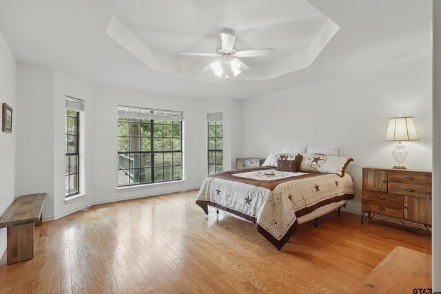 414 Winding Ln, Mount Vernon, TX 75457 - bedroom with a raised ceiling, light wood-type flooring, and ceiling fan