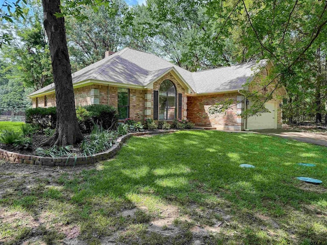 414 Winding Ln, Mount Vernon, TX 75457 - ranch-style home with brick siding, a garage, a front lawn, and a chimney