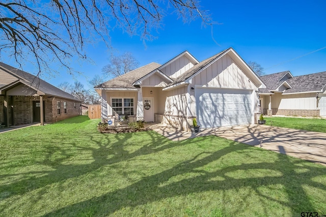 view of front of property featuring an attached garage, concrete driveway, board and batten siding, and a front yard