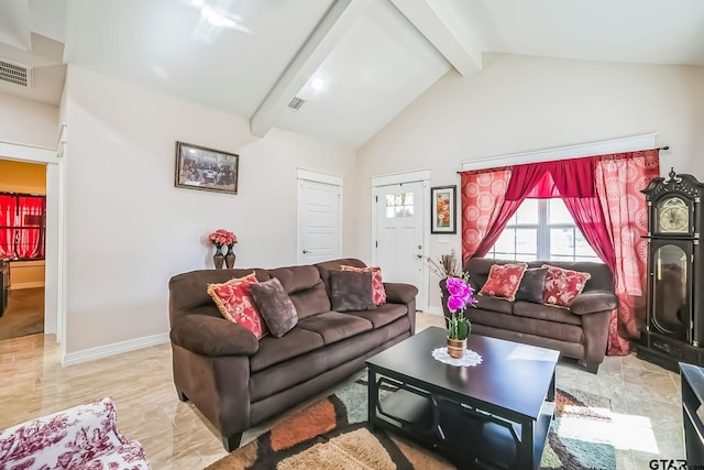 living room featuring high vaulted ceiling, beam ceiling, visible vents, and baseboards