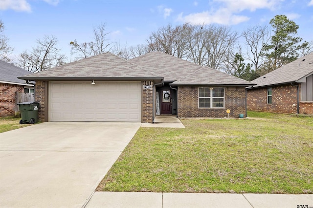 ranch-style house featuring an attached garage, brick siding, a shingled roof, driveway, and a front lawn