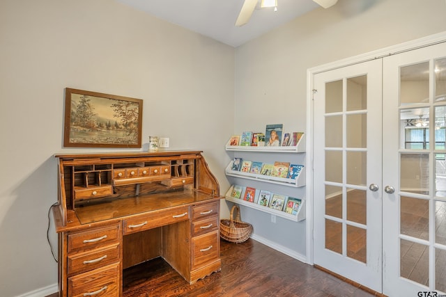 10820 Cactus Trl, Flint, TX 75762 - office space with dark wood finished floors, french doors, and ceiling fan