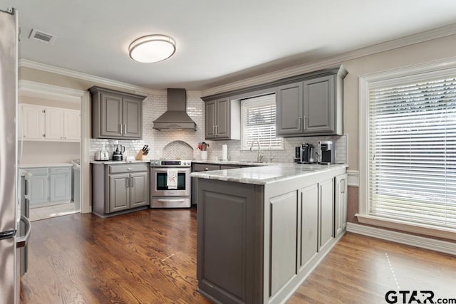 kitchen with gray cabinetry, wall chimney exhaust hood, stainless steel electric range oven, and kitchen peninsula