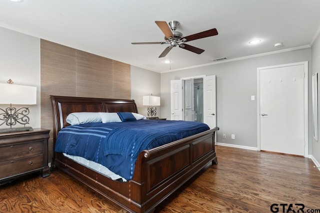 bedroom with ceiling fan, crown molding, and dark wood-type flooring