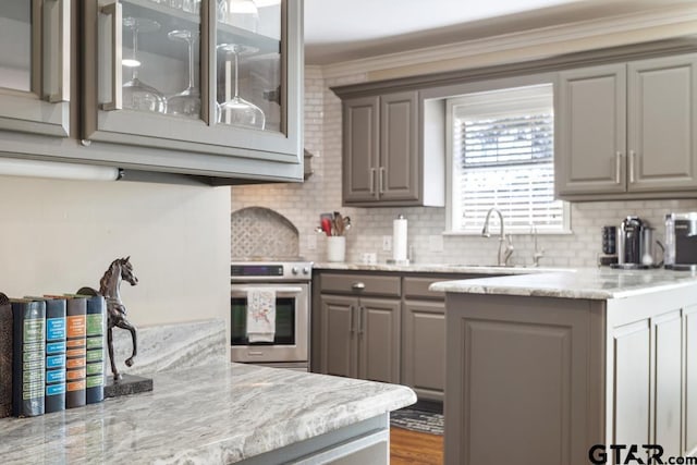 kitchen featuring gray cabinets, stove, and sink