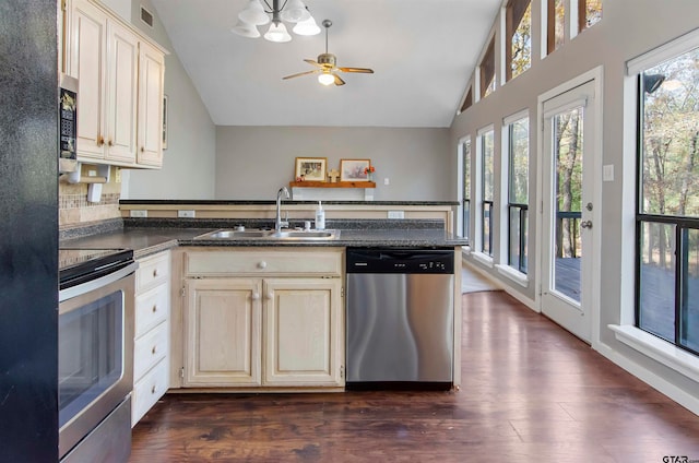 kitchen featuring appliances with stainless steel finishes, lofted ceiling, sink, and dark hardwood / wood-style flooring