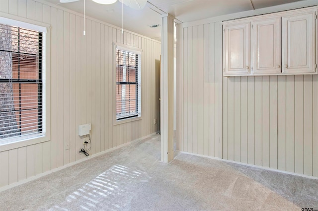 carpeted empty room featuring wood walls