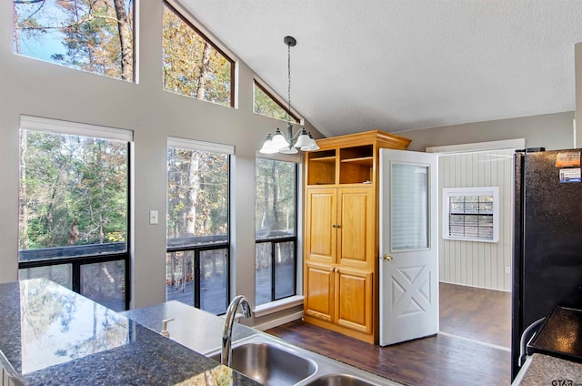 kitchen with dark stone countertops, dark wood-type flooring, a wealth of natural light, and decorative light fixtures