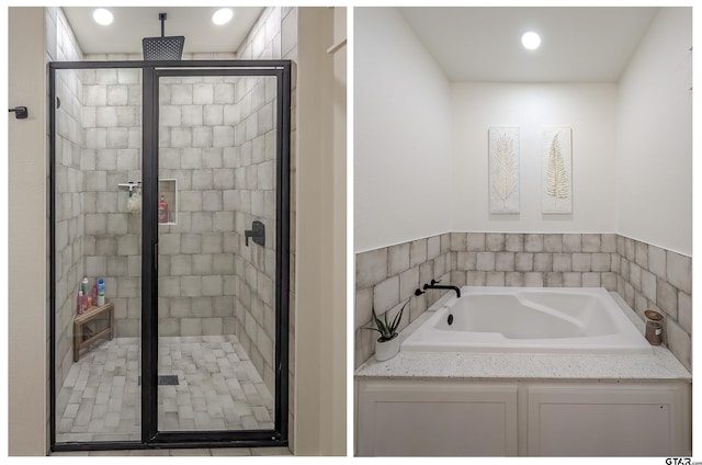 bathroom featuring recessed lighting, a bath, and a shower stall