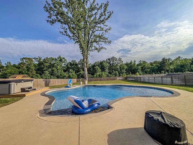 view of swimming pool with a patio, a fenced in pool, and a fenced backyard