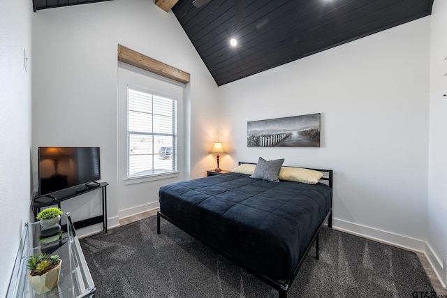 carpeted bedroom with lofted ceiling and wooden ceiling