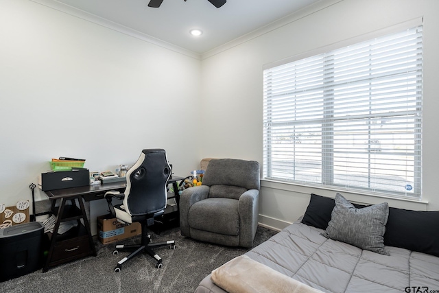 bedroom with multiple windows, carpet, ceiling fan, and crown molding