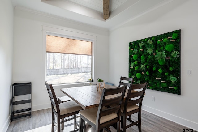 dining space with hardwood / wood-style flooring, crown molding, and a tray ceiling