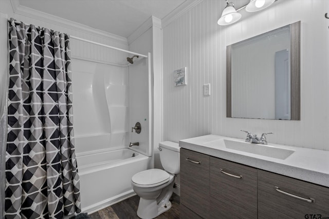 full bathroom with ornamental molding, wood-type flooring, vanity, shower / bath combo, and toilet